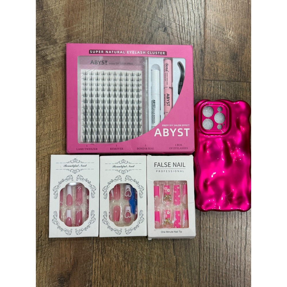 ABYST Eyelash Cluster Kit 3 Sets Press On Nails & Pink Wavy iPhone Case Bundle
